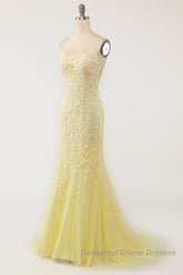 Mermaid Backless Yellow Lace Long Semi Formal Prom Dresses, Mermaid Yellow Formal Dresses, Yellow Lace Evening Dresses